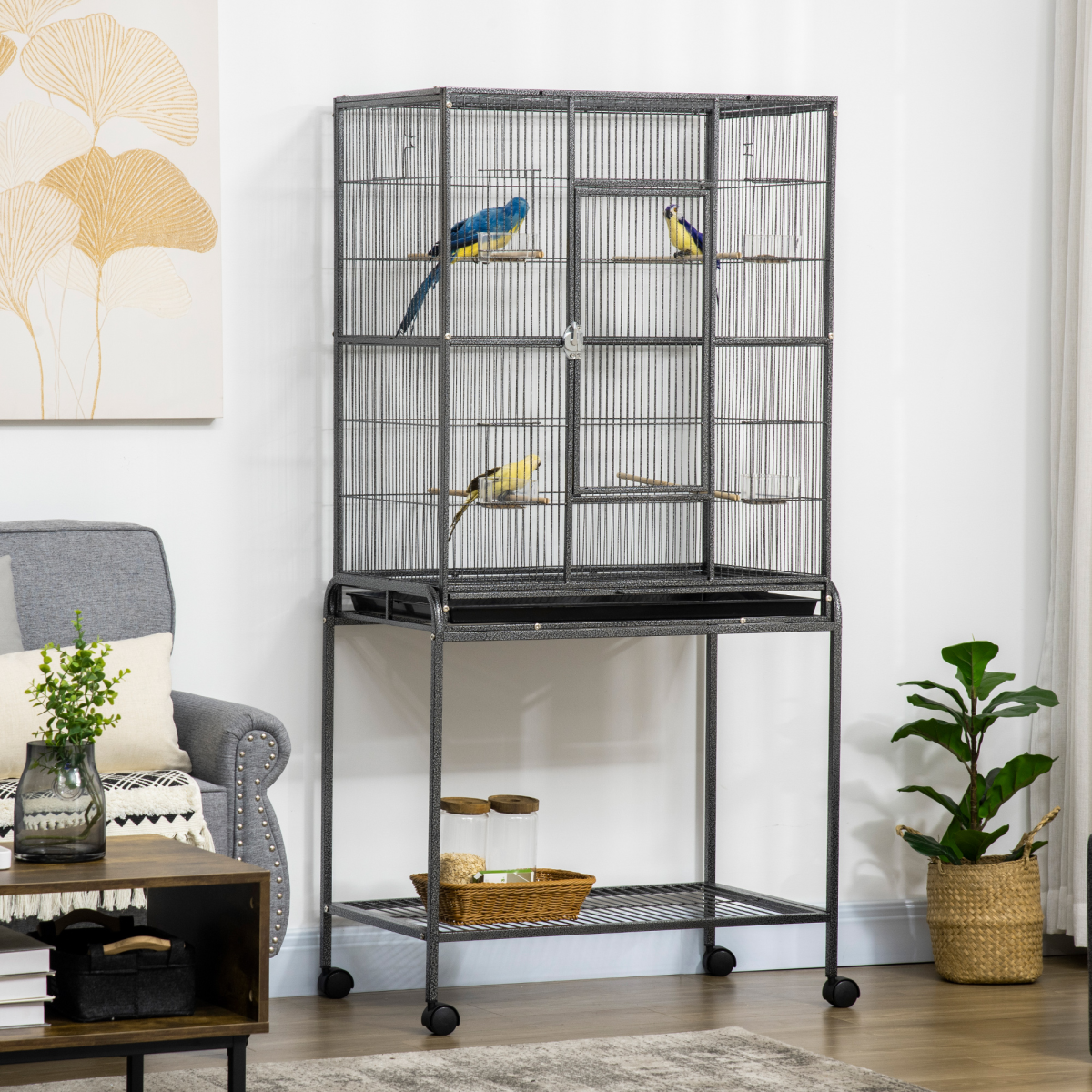 Pawhut Rolling Bird Cage with Detachable Stand, Storage Shelf, Wooden Perches & Food Containers