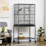 Pawhut Rolling Bird Cage with Detachable Stand, Storage Shelf, Wooden Perches & Food Containers