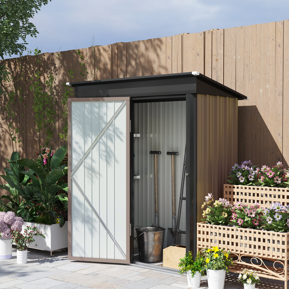 Outsunny 5 x 3ft Lean-To Galvanised Steel Garden Shed with Lock and Adjustable Shelves – Dark Grey and Brown