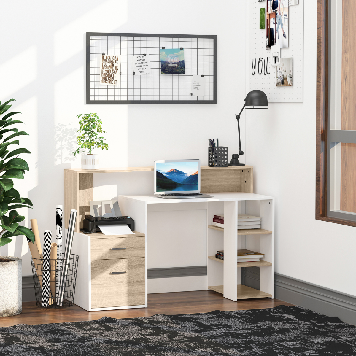 HOMCOM Multi-Storage Computer Workstation with Shelves, 2 Drawers & Printer Space – Home Office Desk, Oak