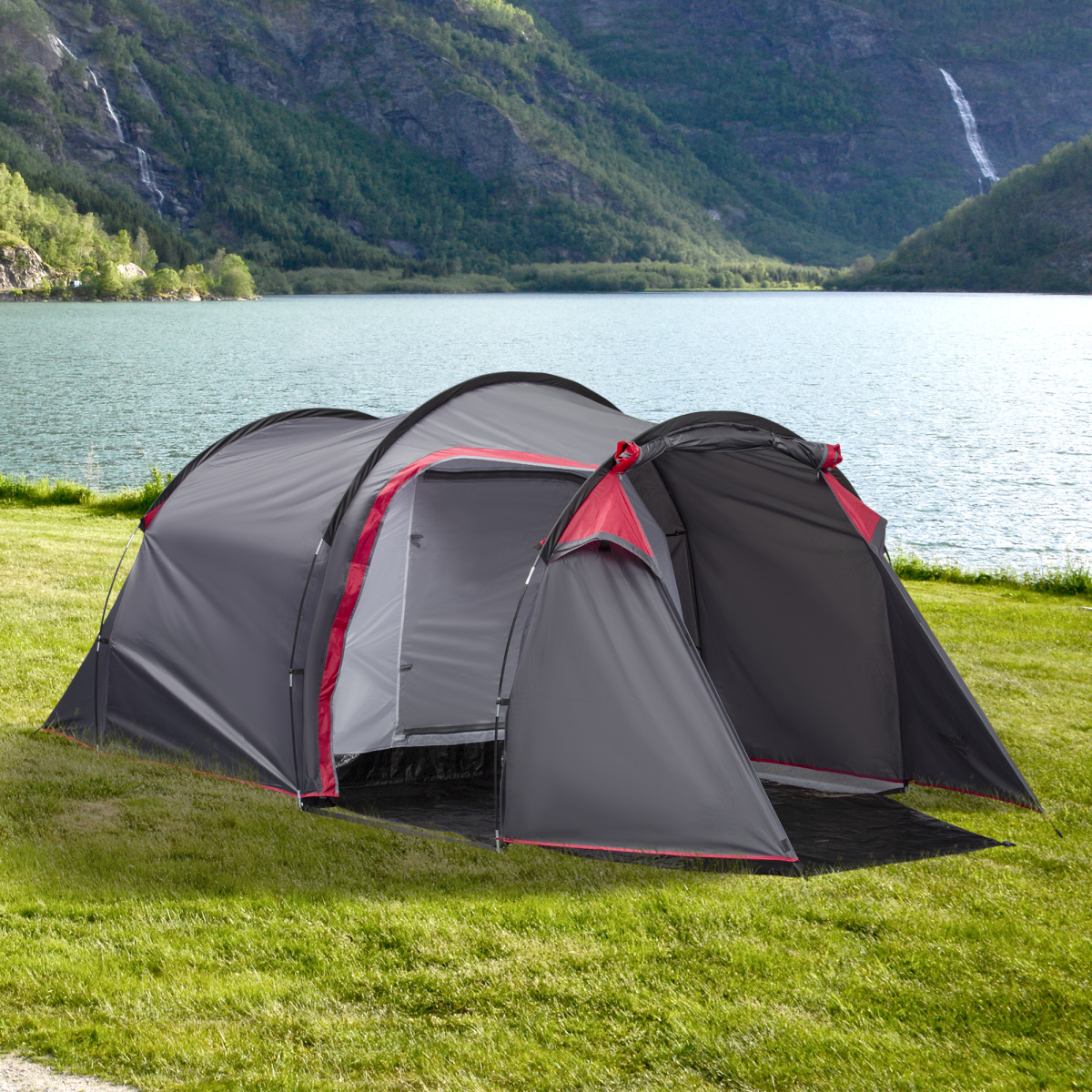 Outsunny 3 Man Camping Tent with 2 Rooms, Porch, Mesh Vents & Rainfly – 2000mm Waterproof Dome Tent