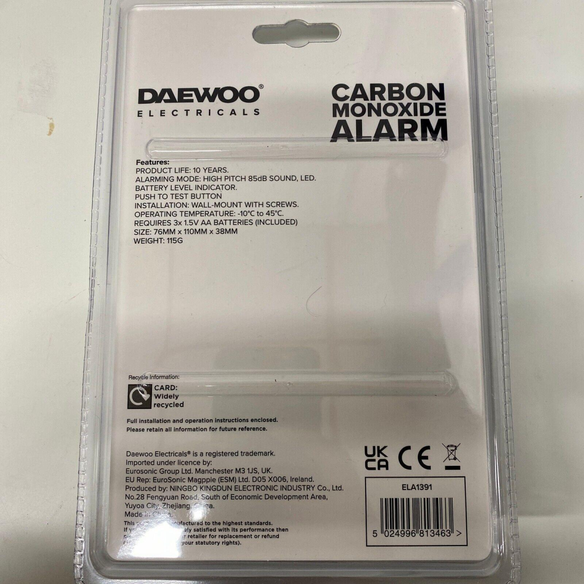 Daewoo Carbon Monoxide Alarm Detector ELA1391 – EN 50291-1:2018 Compliant, Battery Powered, Wall Mounted