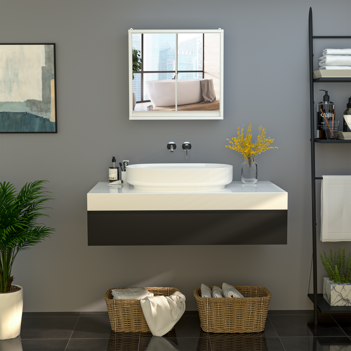 HOMCOM Wall Mounted Bathroom Mirror Cabinet with Storage Shelf – Space-Saving, White