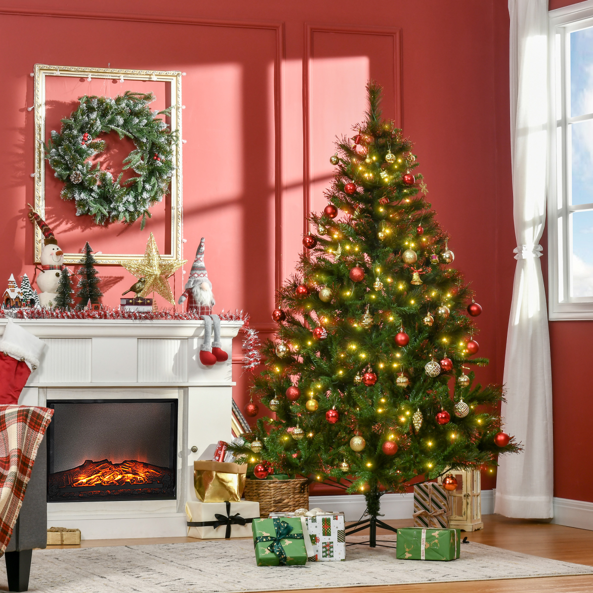 HOMCOM 6ft Pre-Lit Artificial Spruce Christmas Tree with 200 LED Lights & Foldable Metal Base – Green