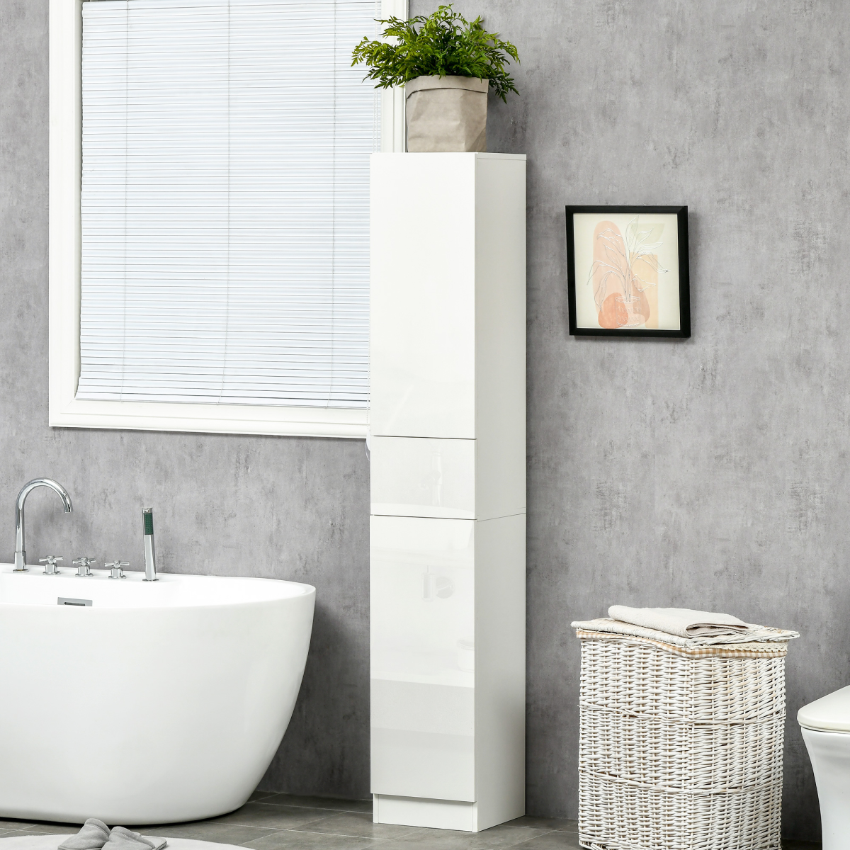 Kleankin High Gloss Tall Bathroom Cabinet with Push-Open Doors & Adjustable Shelves – Slimline Storage, White