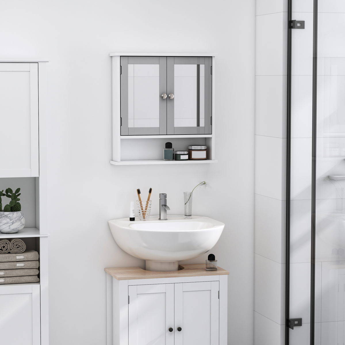 kleankin Wall-Mounted Mirror Cabinet with Double Mirrored Doors and Open Shelf – Bathroom Storage, Grey