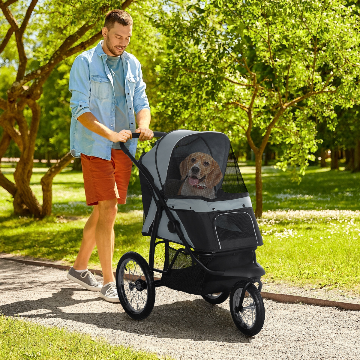 PawHut 3 Wheel Foldable Pet Stroller with Canopy & Mesh Windows – Dog Pram for Small Dogs, Grey