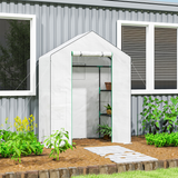 Outsunny Walk-in Greenhouse with 4 Shelves, UV-Resistant Cover & Roll-Up Zipped Door – Small Garden Greenhouse, White