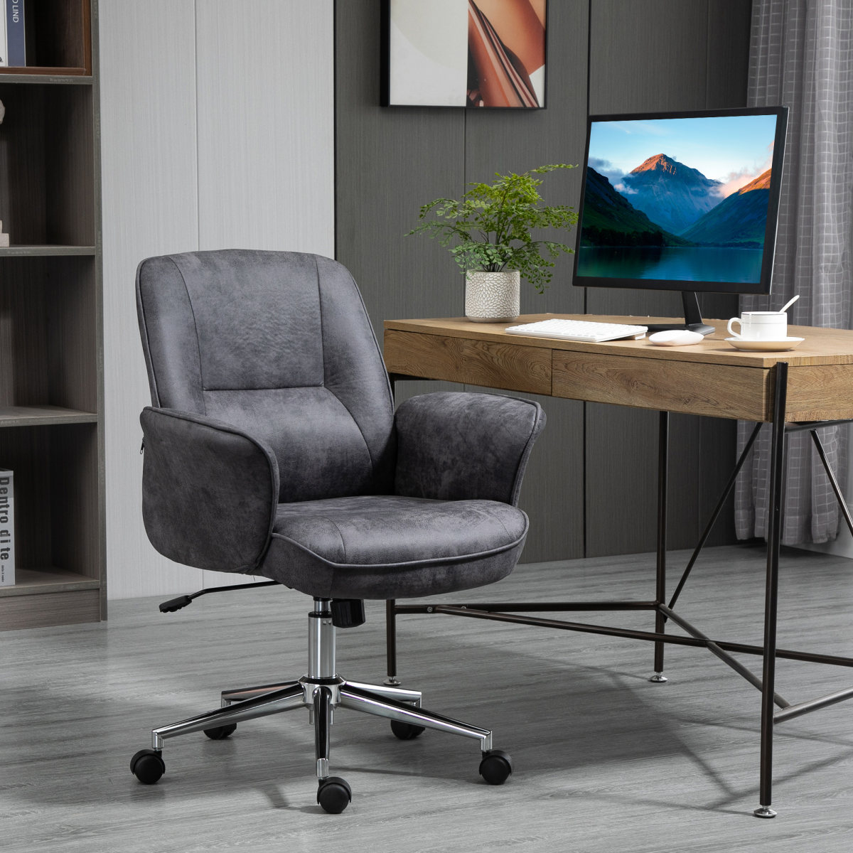 Vinsetto Retro Mid-Back Office Chair with Curved Armrests, Microfibre Leather – Swivel Desk Chair, Deep Grey