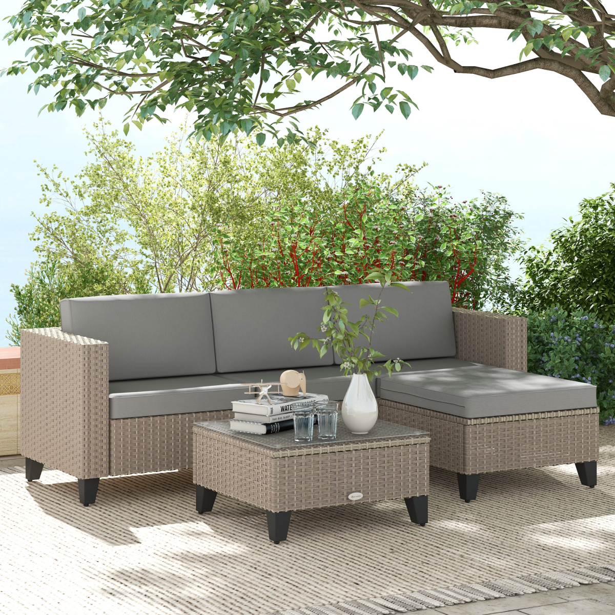 Outsunny 5-Piece Rattan Garden Furniture Set with Glass Coffee Table and Cushions – Patio Seating, Brown/Grey
