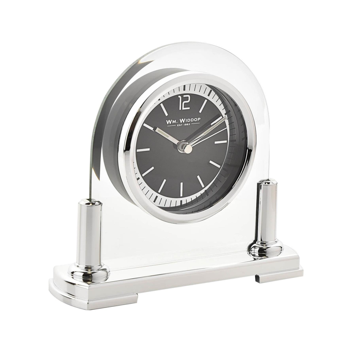 Widdop Arched Glass Mantel Clock with Silver Bezel, Baton Dial & Metal Stand – Contemporary Timepiece