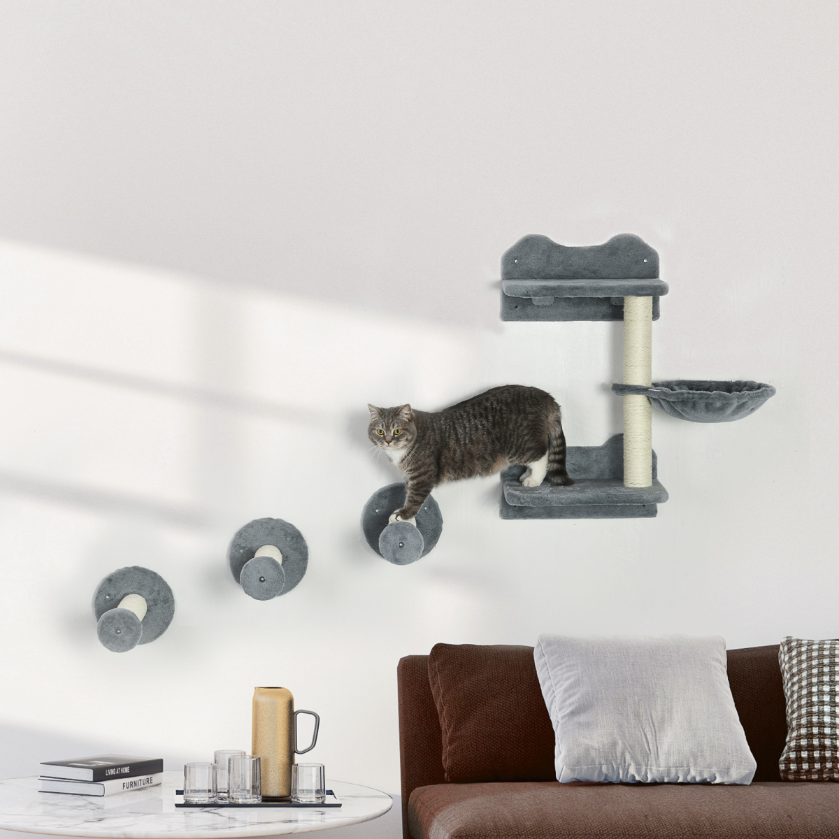 PawHut Wall-Mounted Cat Shelf with Scratching Posts & Hammock – Indoor Cat Tree Climbing Furniture, Grey