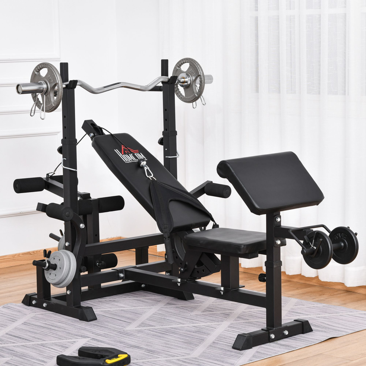 HOMCOM Multi-Exercise Weight Bench with Barbell Rack, Preacher Curl, Leg Extension & Resistance Bands