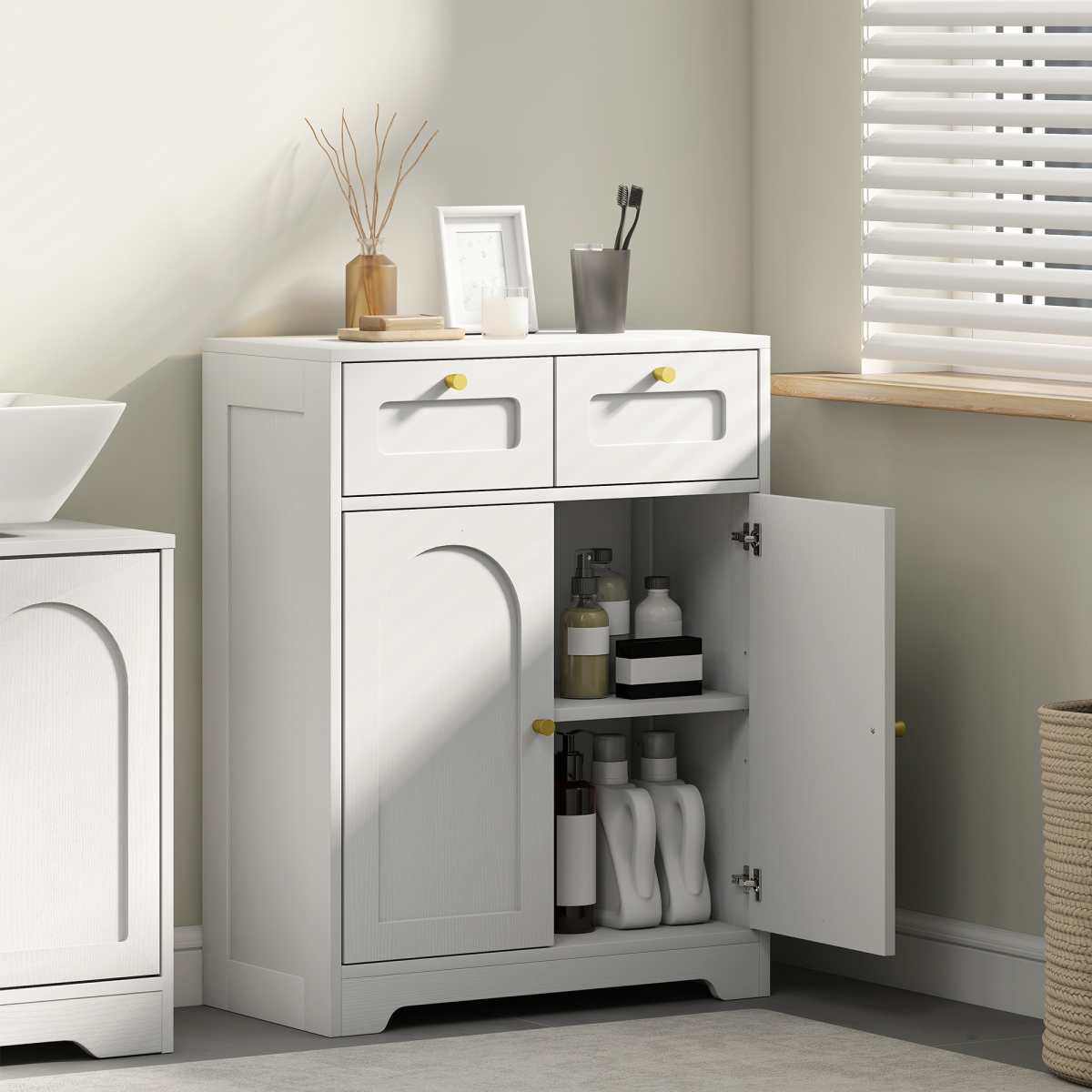 HOMCOM Bathroom Floor Cabinet with 2 Arched Doors, 2 Drawers & Adjustable Shelf – White