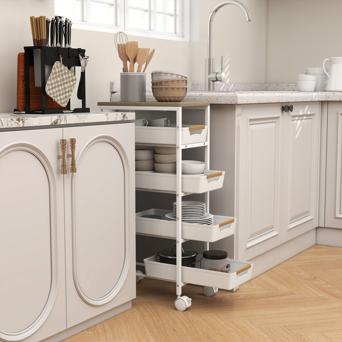Slim 5-Tier Storage Trolley with 4 Drawers and Wheels – Rolling Organiser Cart, White and Oak