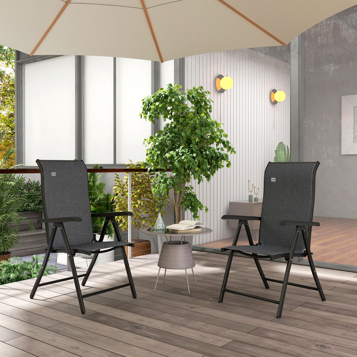 Outsunny Set of 2 Folding Rattan Garden Chairs with 7-Position Adjustable Backrest – Patio Seating, Grey
