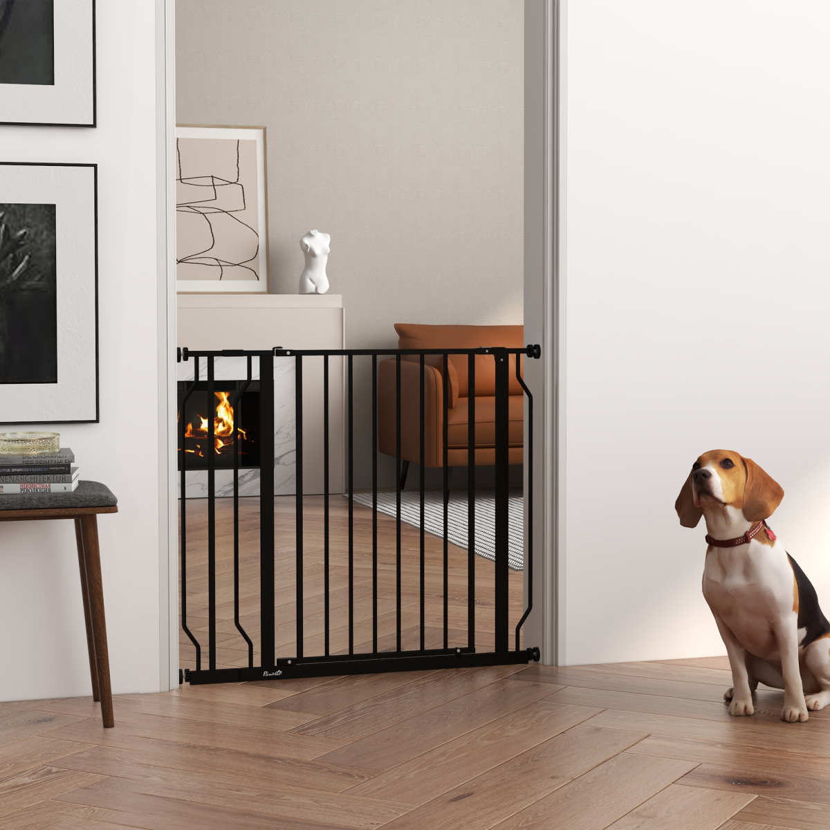 PawHut Wide Pressure-Fit Dog Gate with Door, 75–95cm Adjustable – Stair and Doorway Pet Barrier, Black