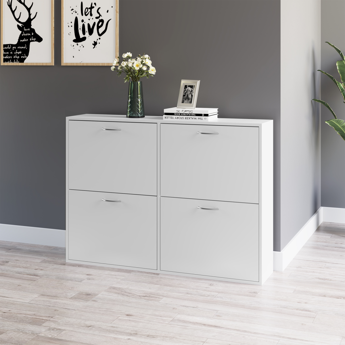 Wooden 4-Drawer Flip-Down Shoe Cabinet – Holds 16–24 Pairs, Slim Space-Saving Hallway Storage, White