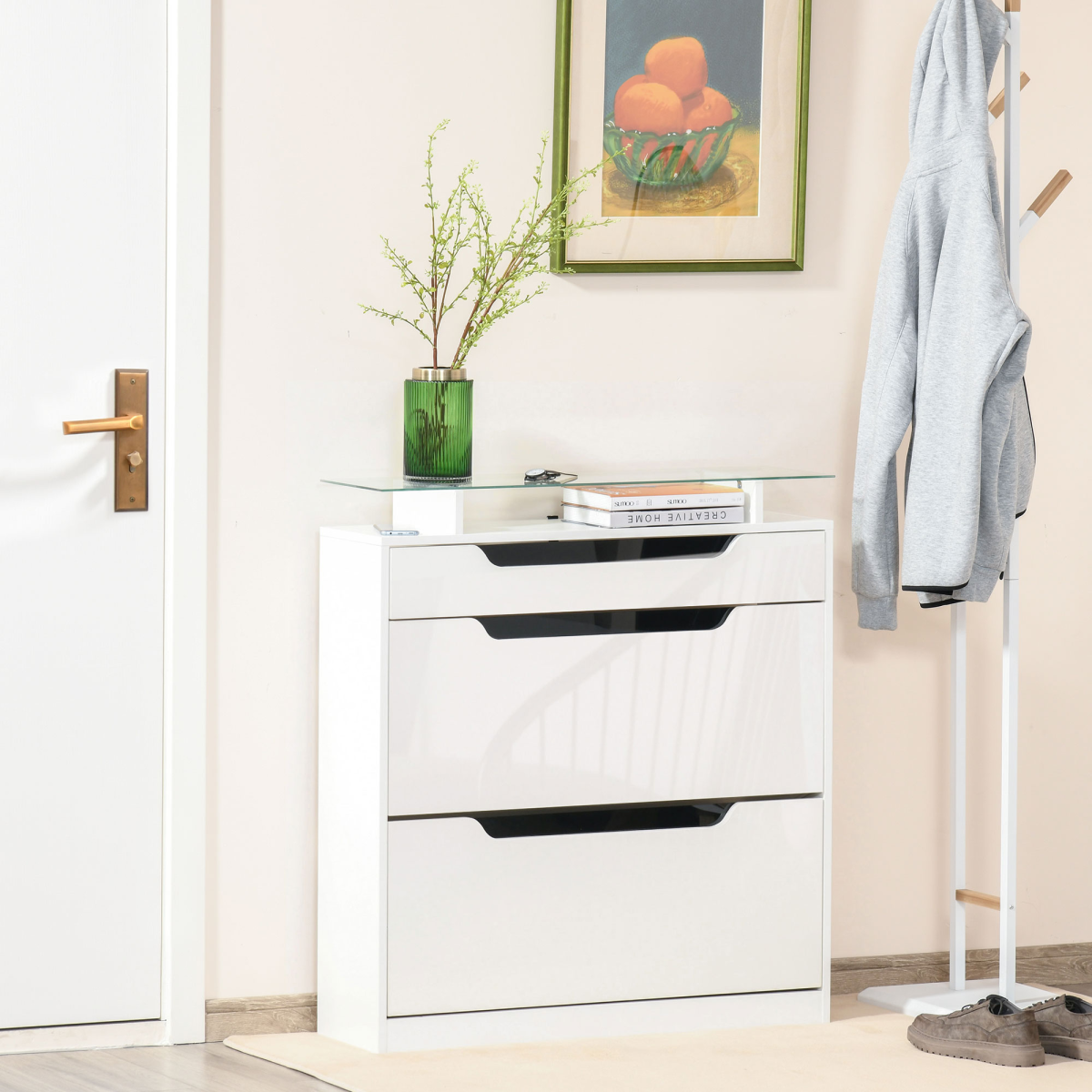 HOMCOM High Gloss Shoe Cabinet with Flip Doors, Drawer & Glass Top – Slim Hallway Storage, White