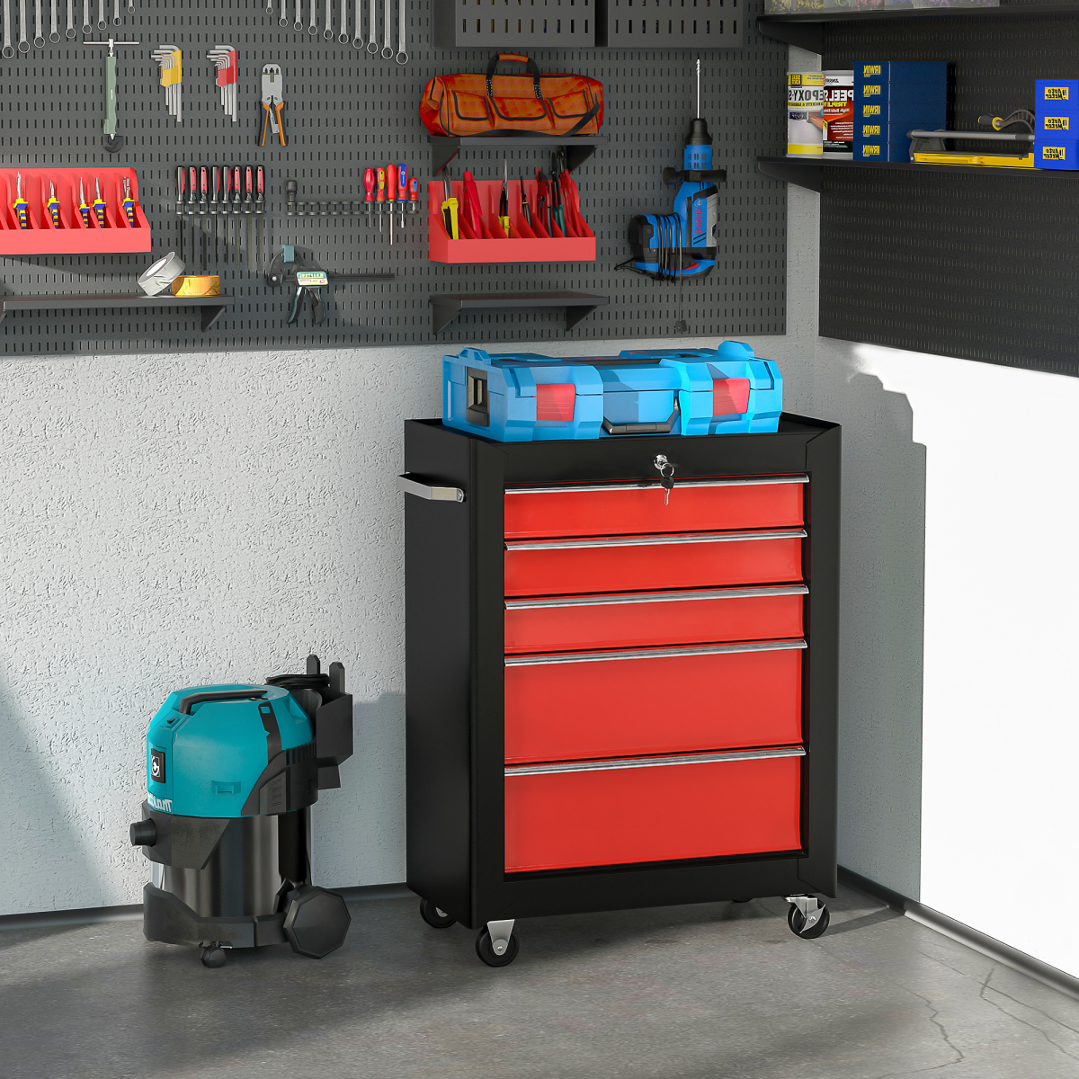 HOMCOM 5-Drawer Lockable Steel Tool Cabinet with Wheels & Handle – Garage Workshop Storage, Red