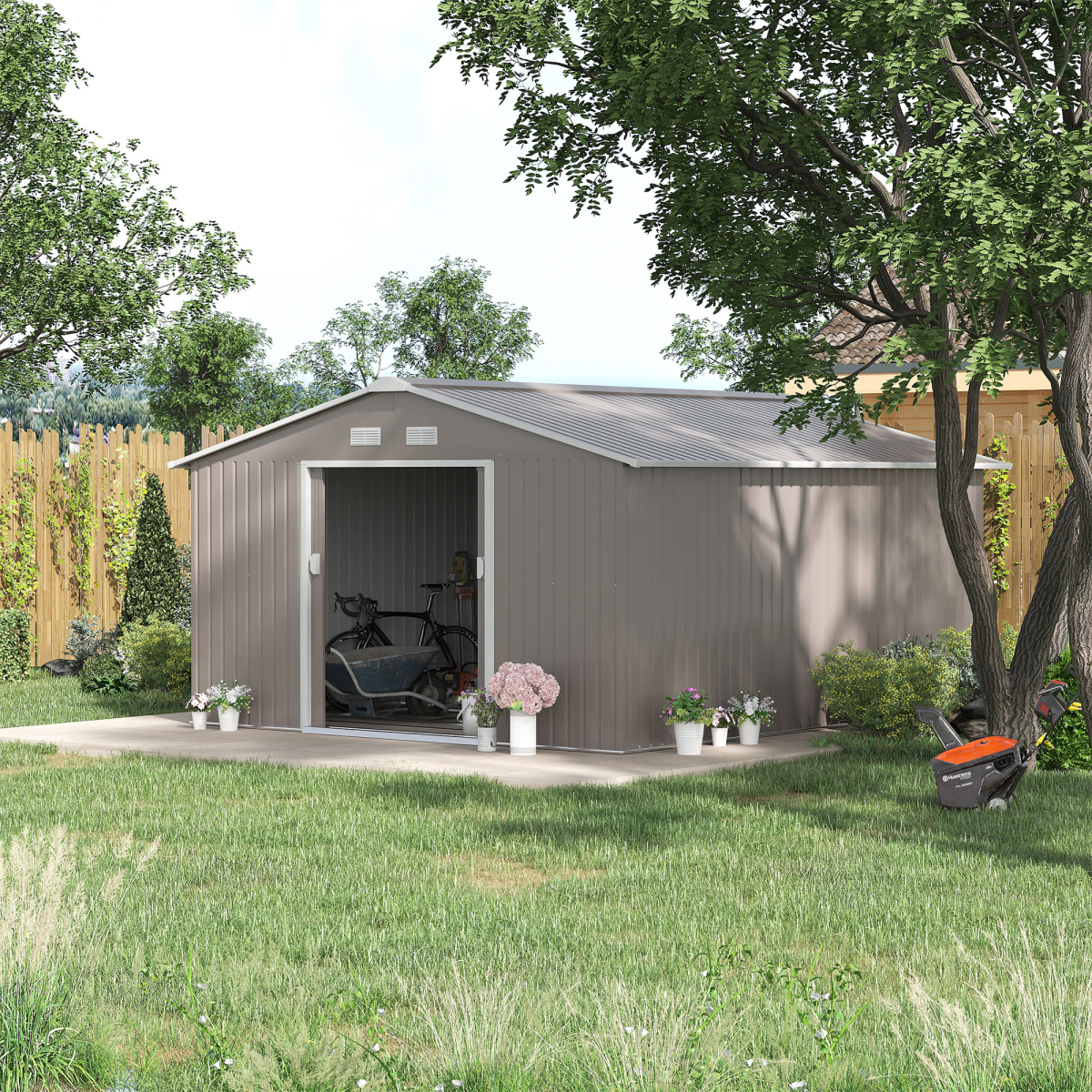Outsunny 12.5 x 11ft Metal Garden Shed with Double Doors & Sloped Roof – Colour Steel Tool Storage with Foundation