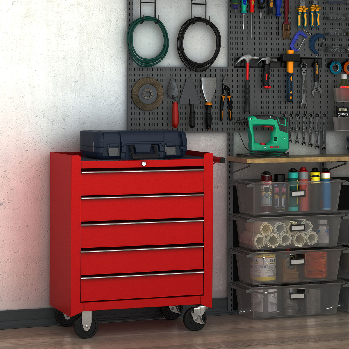 HOMCOM 5-Drawer Steel Tool Trolley Chest on Wheels with Push Handle – Workshop Storage, Red