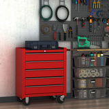 HOMCOM 5-Drawer Steel Tool Trolley Chest on Wheels with Push Handle – Workshop Storage, Red