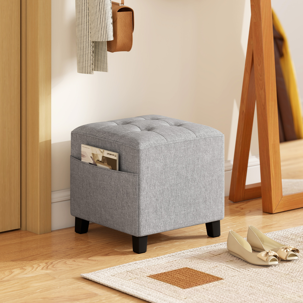 HOMCOM Small Square Ottoman Footstool with Padded Seat & Side Pocket – Footrest, Extra Seating, Light Grey