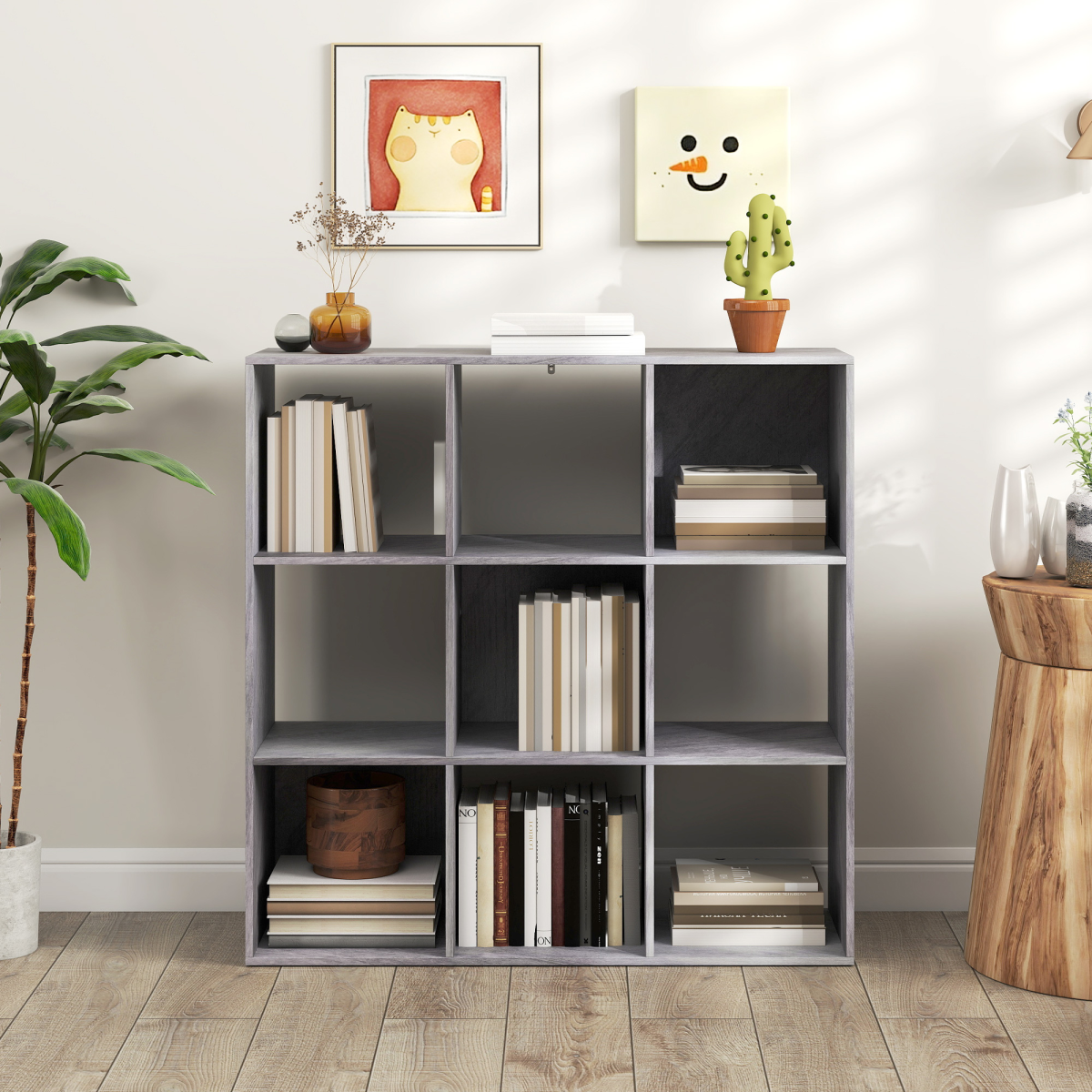 9-Cube Bookcase with Open Compartments & Anti-Tip Kit – Storage Display Shelf Unit, Marble Grey