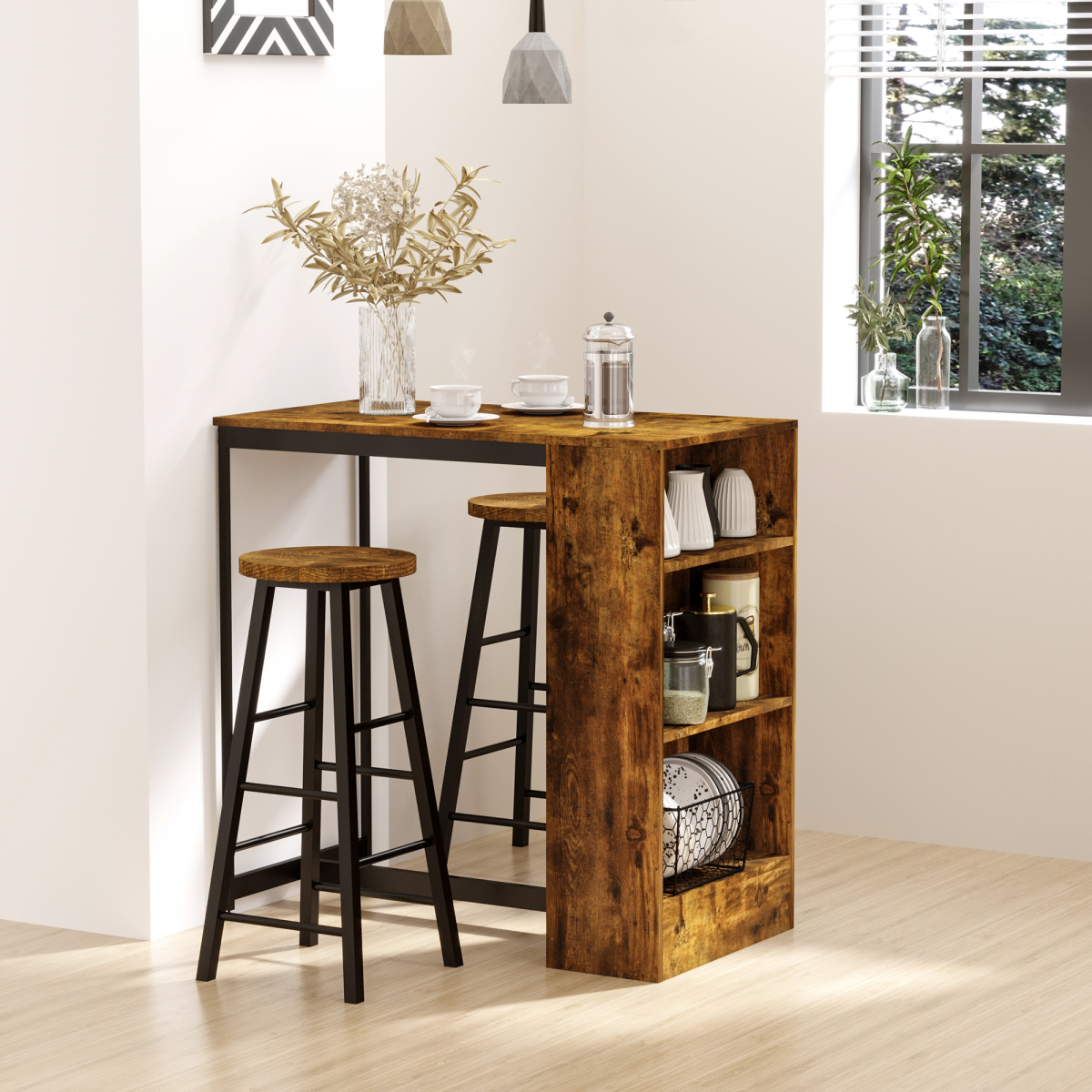 HOMCOM 3 Piece Bar Table Set with 2 Stools, Storage Shelf & Footrests – Compact Kitchen Dining Set