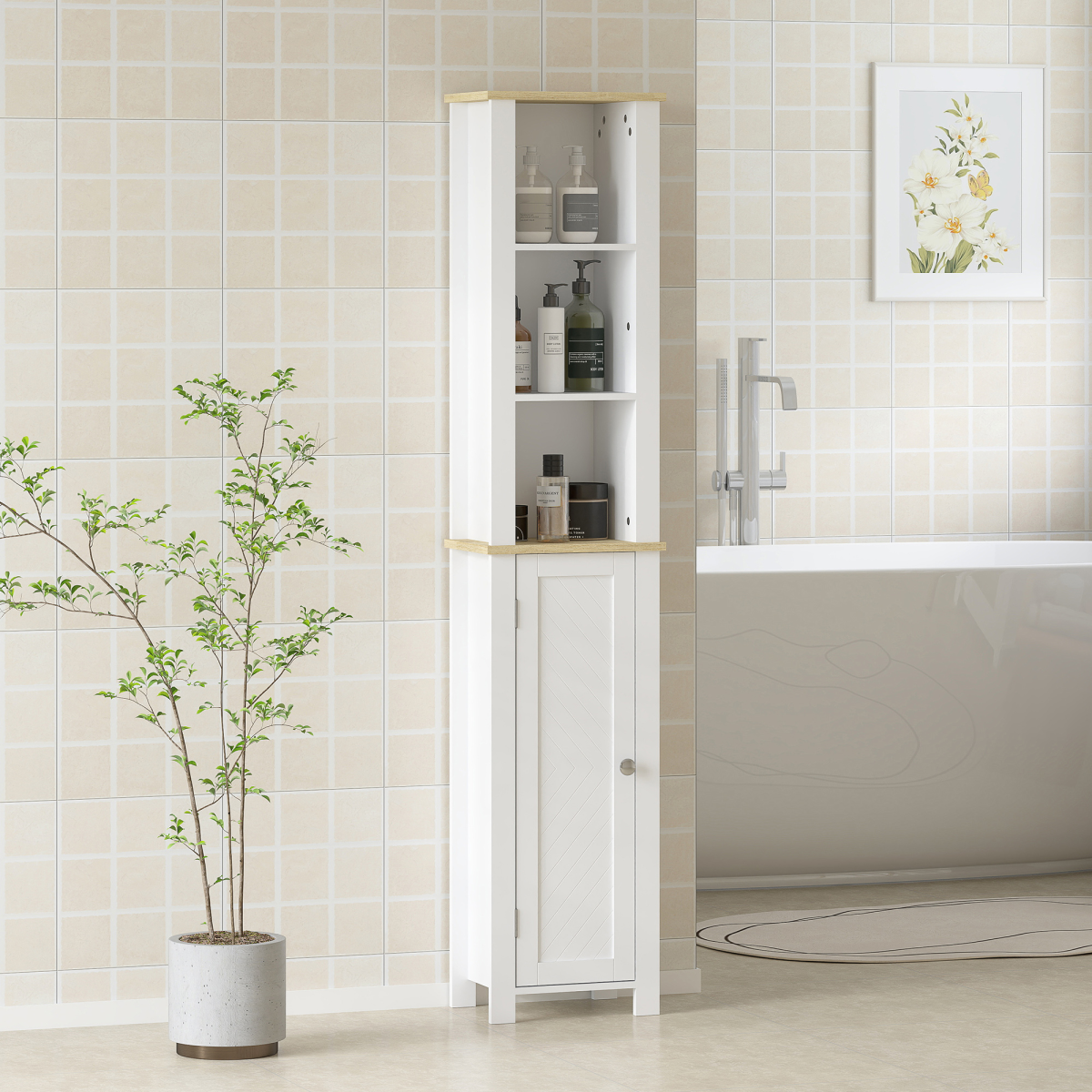kleankin Slim Bathroom Storage Unit with Open Compartment and Adjustable Shelf – Narrow Cabinet, White