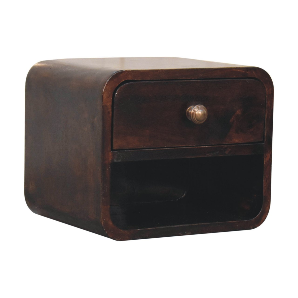 Artisan Furniture Mini Curved Wall Mounted Bedside Table, 1 Drawer – Solid Mango Wood, Dark Brown