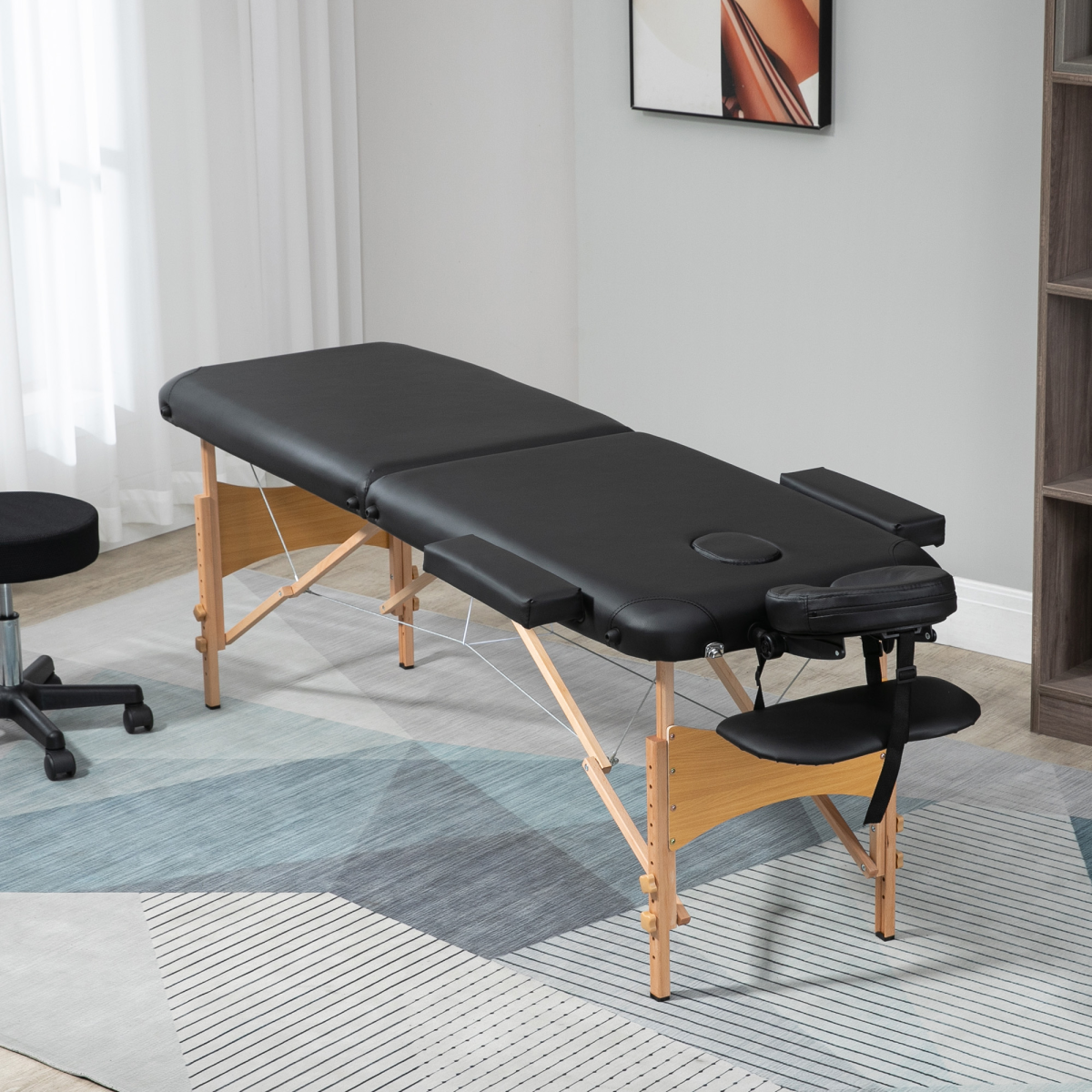 HOMCOM Portable Folding Massage Table with 2 Sections & Adjustable Height – Spa Beauty Bed, Black