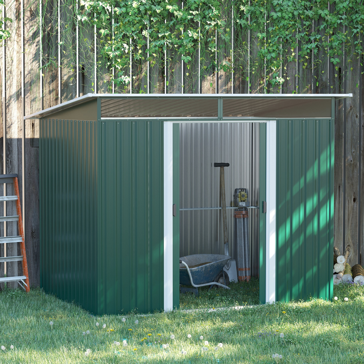Outsunny Pent Roof Metal Garden Shed with Foundation & 4 Vents – Bike and Tool Storage, 260 x 194 x 200cm, Green