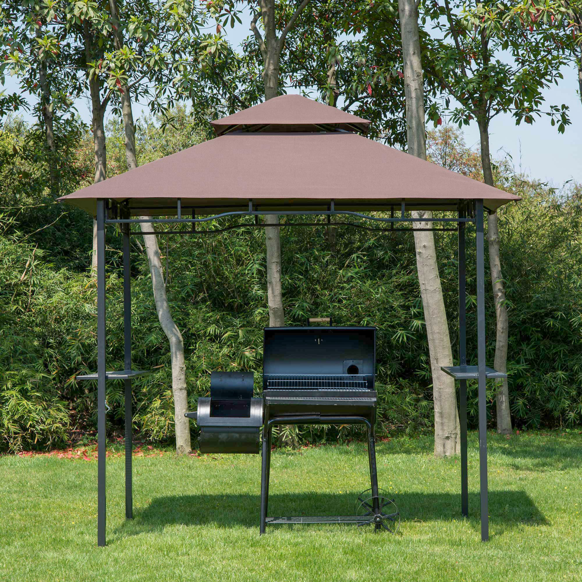 Outsunny 8ft Double-Tier Gazebo Grill Canopy with Side Shelves – BBQ Shelter Tent, Coffee