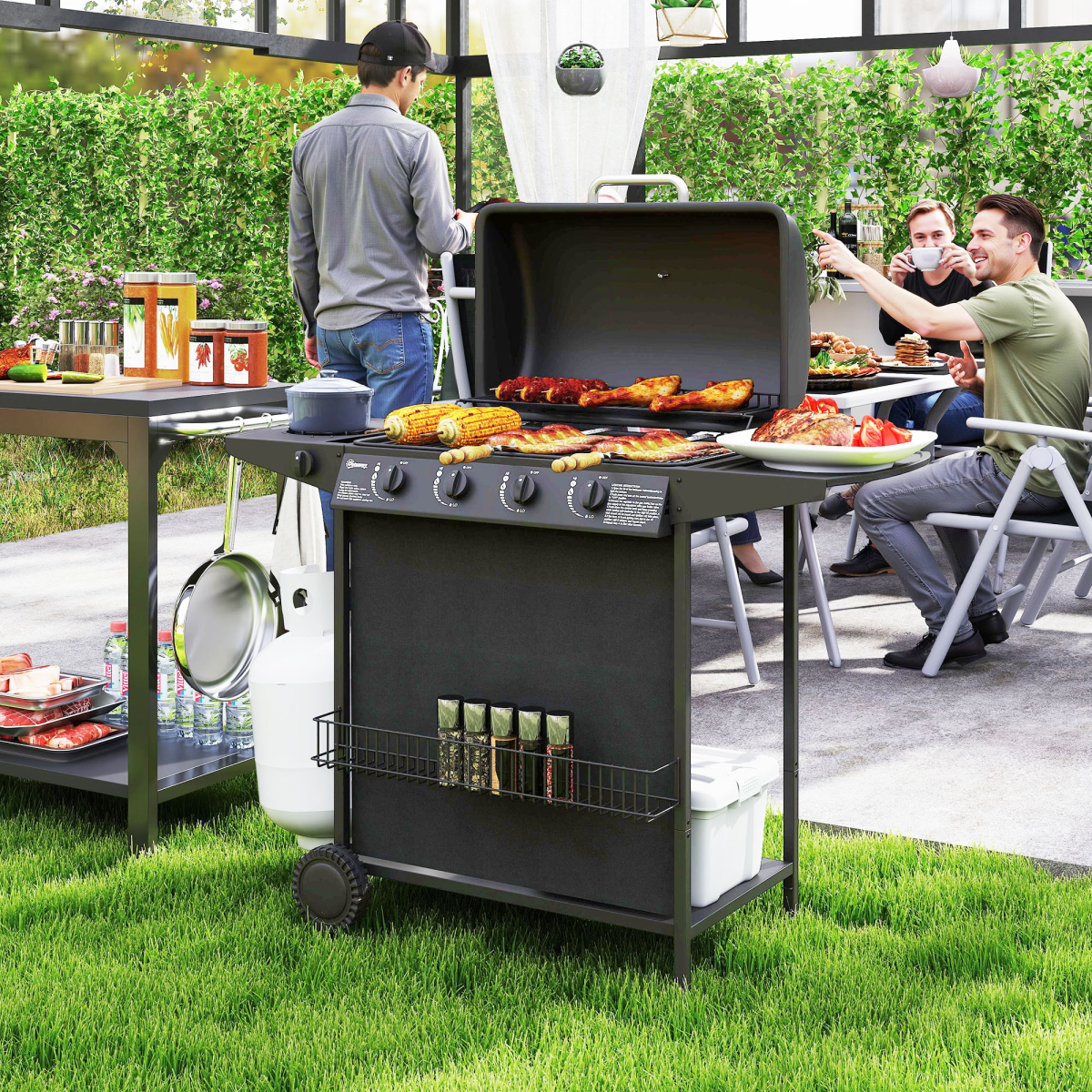 Outsunny 5 Burner Gas Barbecue Grill with Side Burner, Lid and Thermometer – Portable BBQ, Black