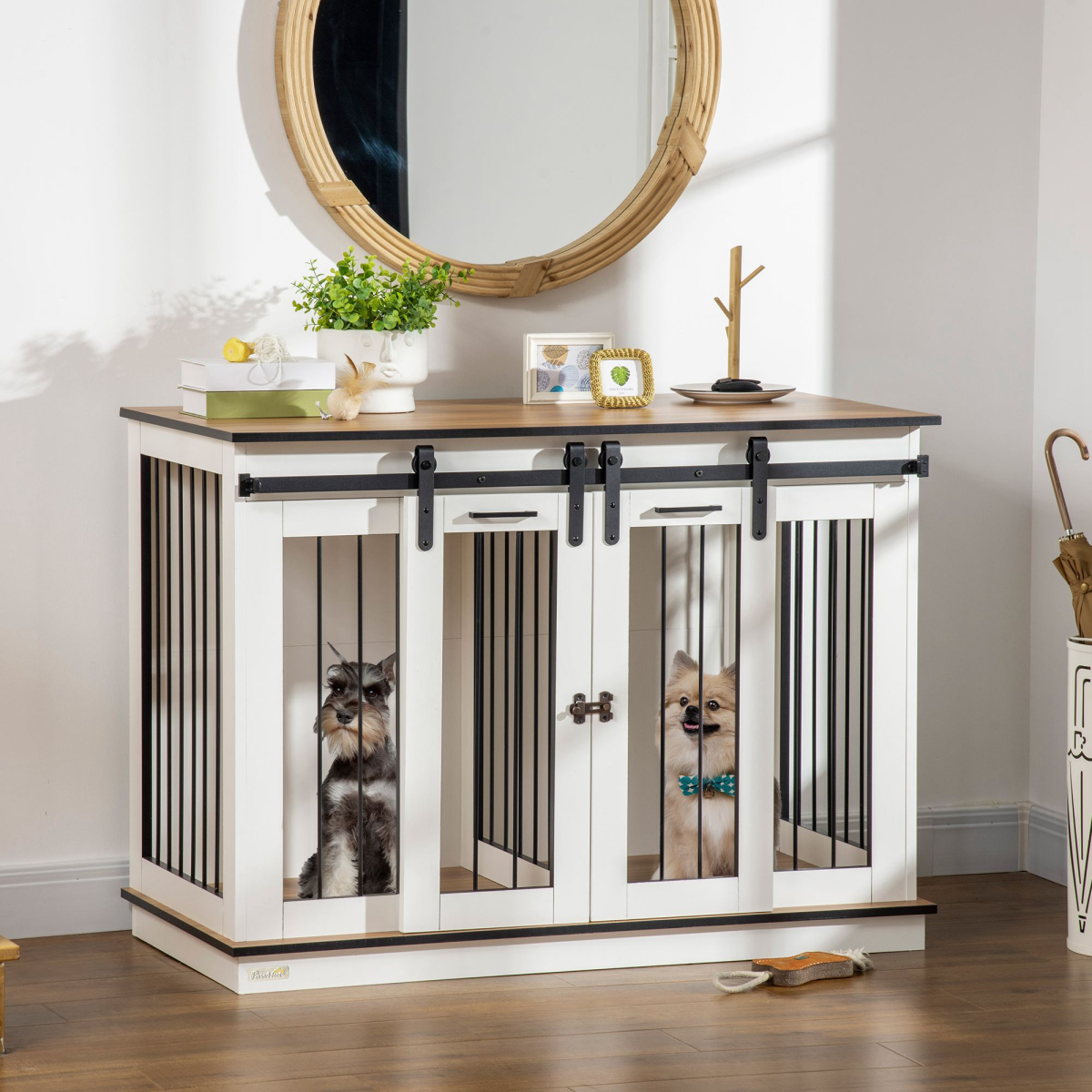 PawHut Dog Crate Furniture with Divider & Large Tabletop – Double Dog Cage for Small to Large Dogs, White
