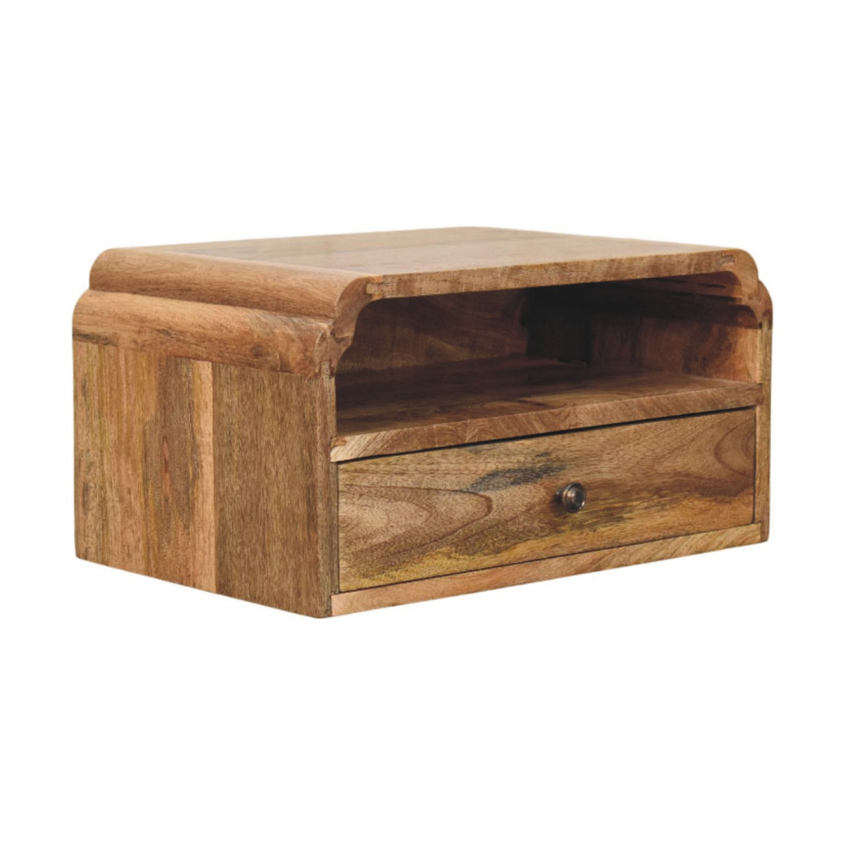 Artisan Furniture Avora Solid Mango Wood Wall-Mounted Bedside, 1 Drawer & Open Shelf – Floating Nightstand, Beige
