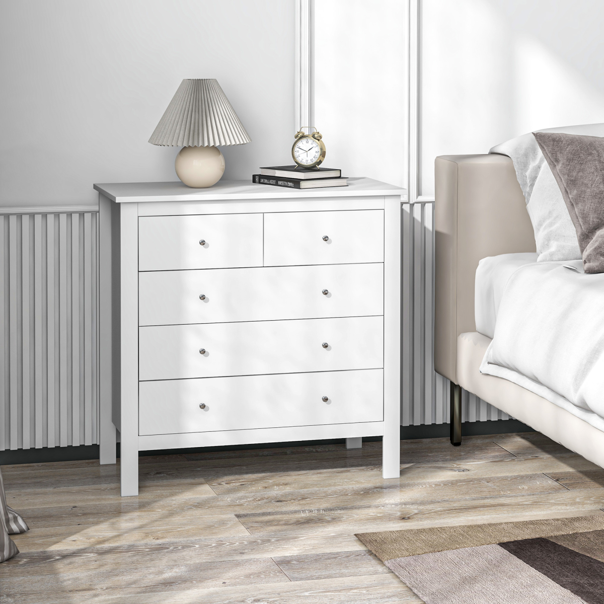 HOMCOM Modern 5-Drawer Chest with Metal Knob Handles – Bedroom Storage Cabinet, 2 Small and 3 Large Drawers, White