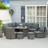 Outsunny 7-Piece Rattan Garden Sofa Set for 10 with Cushions, Footstools & Expandable Glass Table – Outdoor Sectional