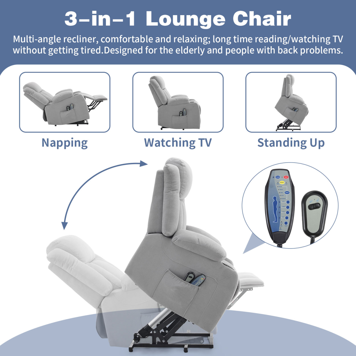 Electric Riser Recliner Chair with 8-Point Massage & Heat – Grey Fabric Lift Chair for Less Mobile Users