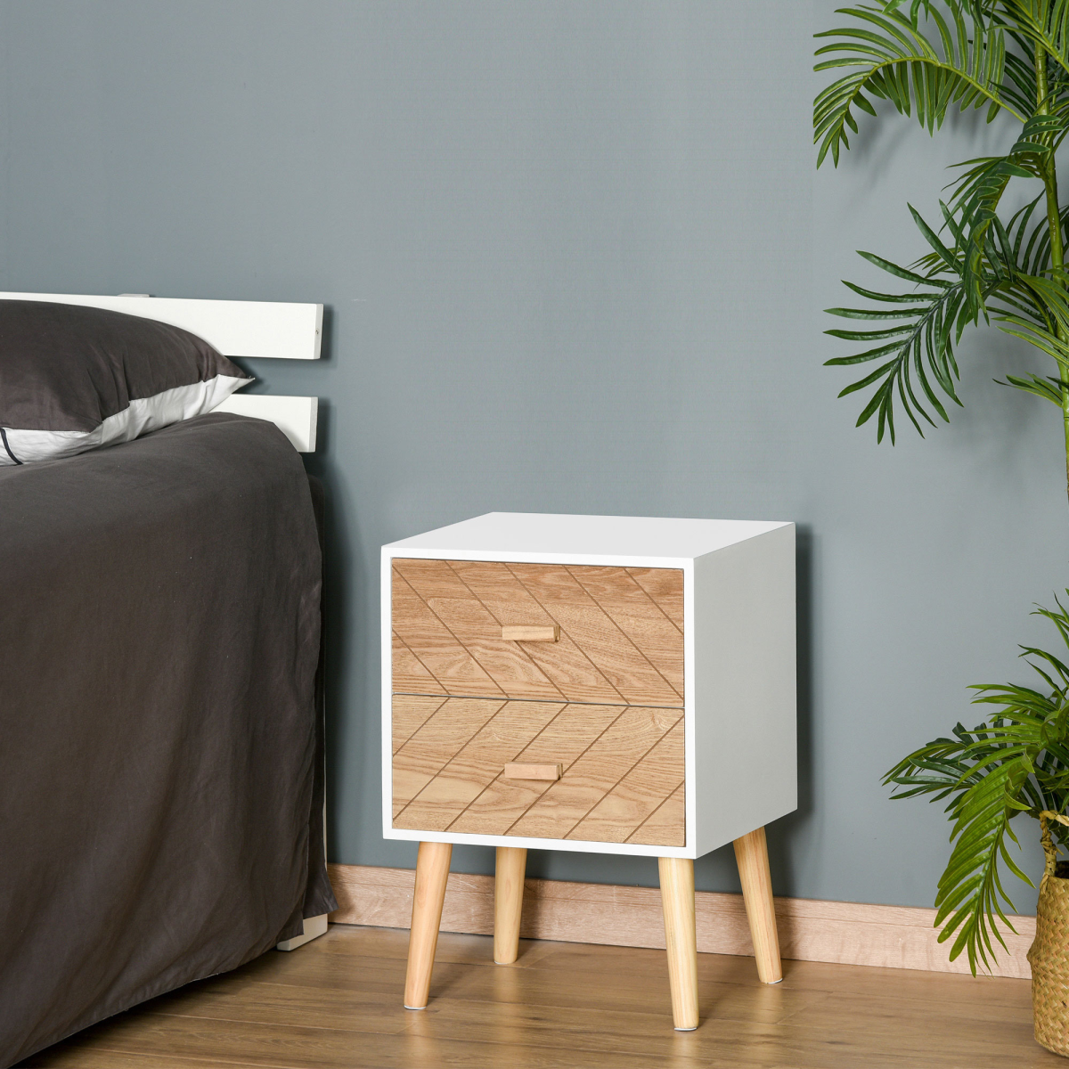 HOMCOM Nordic-Style 2-Drawer Wooden Bedside Table with Tapered Legs – Scandi Bedroom Storage