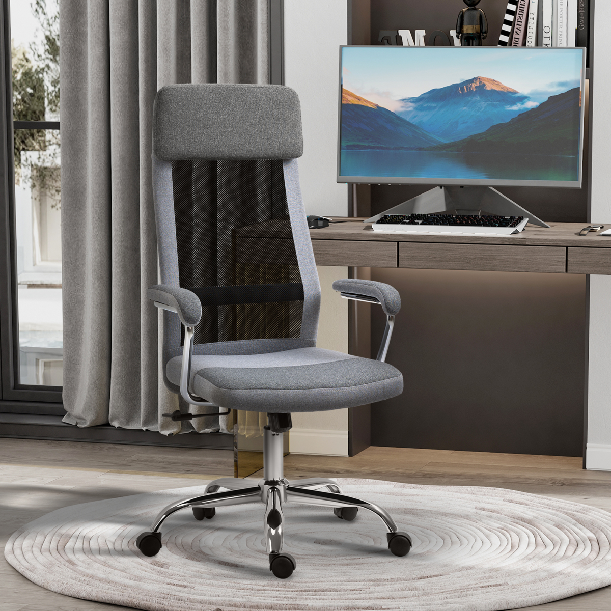 Vinsetto High Back Mesh Swivel Task Chair with Arms & Padded Seat – Nordic Style Home Office Seating, Grey