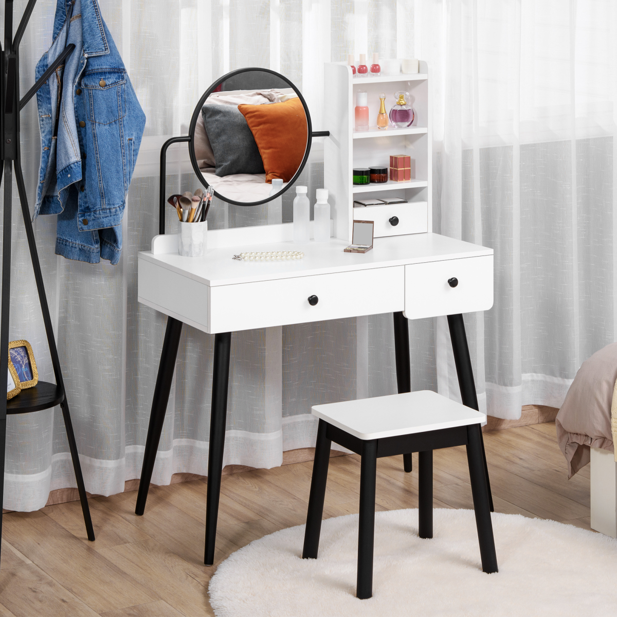 Dressing Table Set with 3 Drawers, Side Shelves, Mirror & Matching Stool – Bedroom Vanity, White