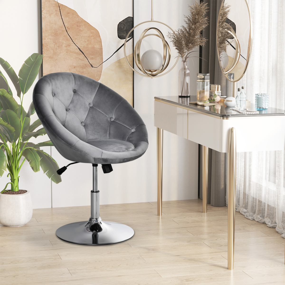Retro Swivel Tub Bar Stool with Adjustable Height, Chrome Base & Footrest – Armless Counter Seat, Grey