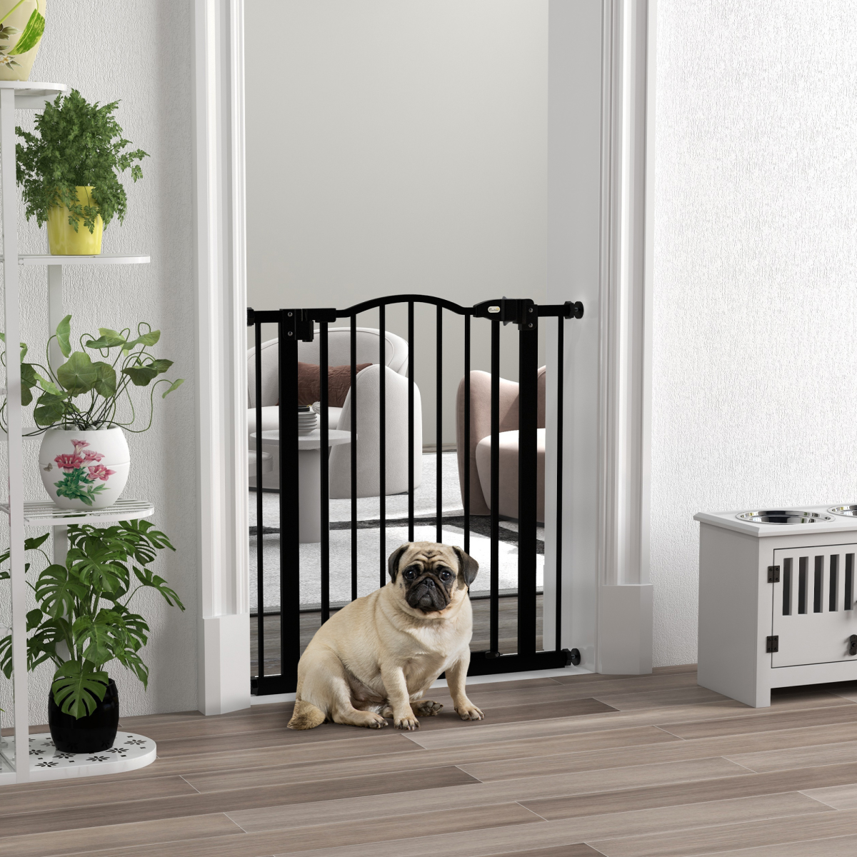 PawHut Adjustable Metal Pet Gate 74-80cm with Auto-Close Door and Double Lock – Safety Barrier, Black
