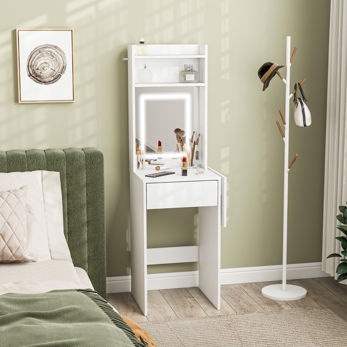 HOMCOM Compact Dressing Table with LED Lighted Mirror, Drop Leaf, Open Shelves & Drawer – White