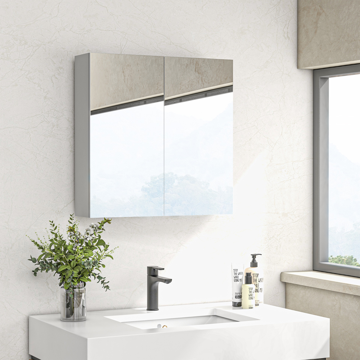 kleankin Wall Mounted Mirrored Bathroom Cabinet with Soft Close Doors – Space-Saving Storage, White