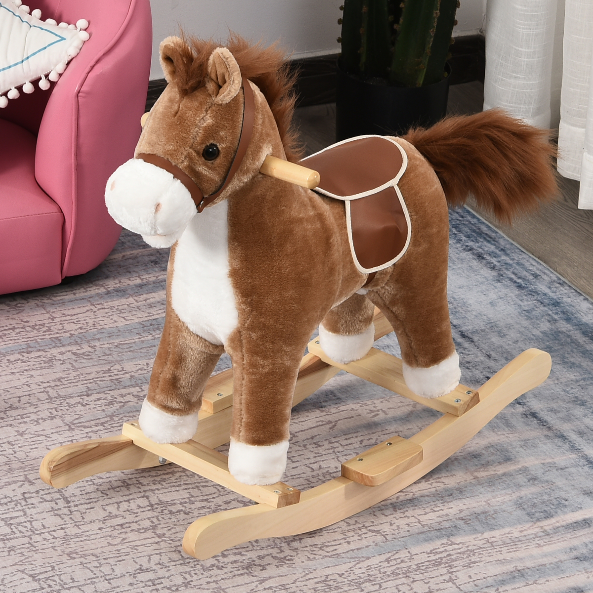 HOMCOM Kids Plush Rocking Horse with Moving Mouth, Wagging Tail and Sounds – Ride-On Toddler Rocker, Brown