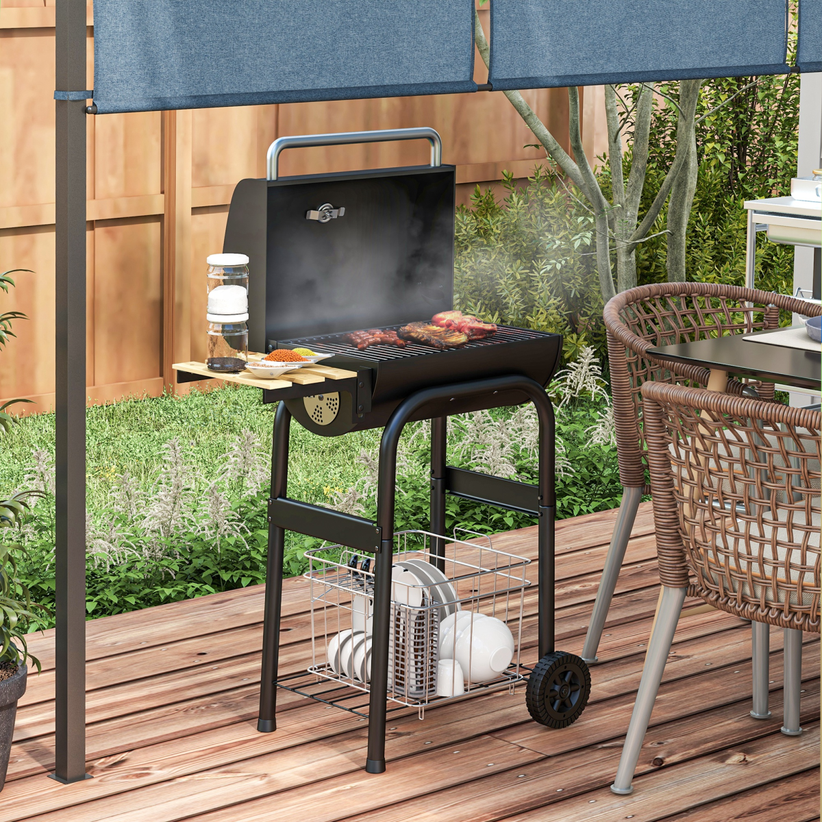 Outsunny Charcoal BBQ Grill Trolley with Lid, Thermometer & Shelves – Wheeled Garden Barbecue, Black